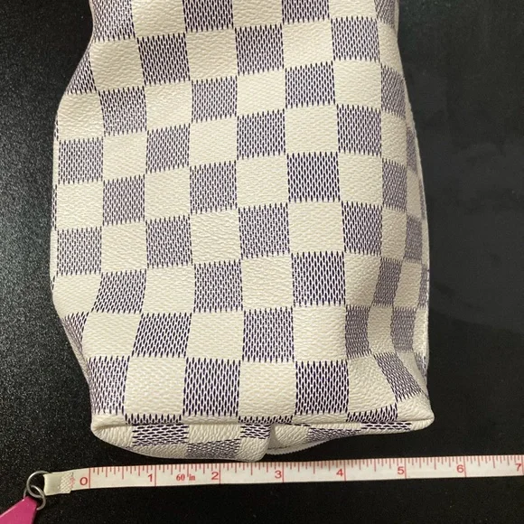 Checkered Cream and Blue Gold Hardware Double Zipper Cosmetic Makeup Pouch Bag - Picture 5 of 6